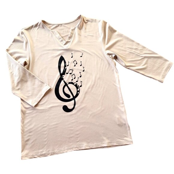 Treble Clef Music Note Top Size S Beige Graphic Shirt 3/4 Length Sleeve Tee - Picture 7 of 8